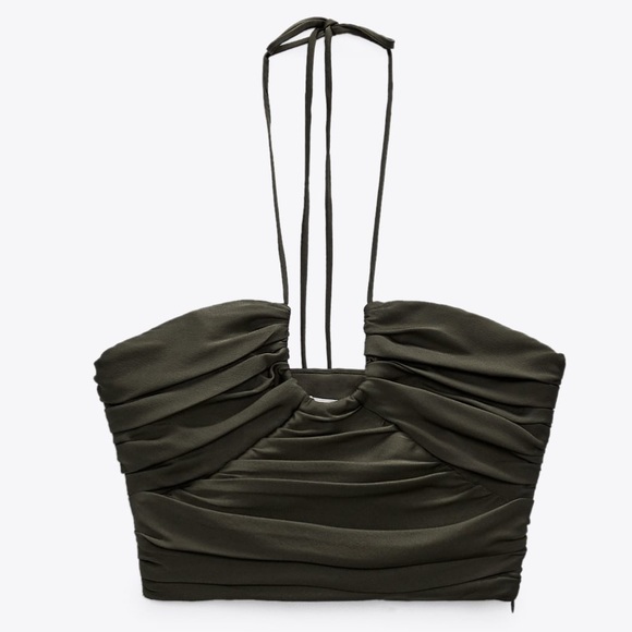 Zara NWT ruched satin halter top crop top — army green color only - Picture 7 of 8